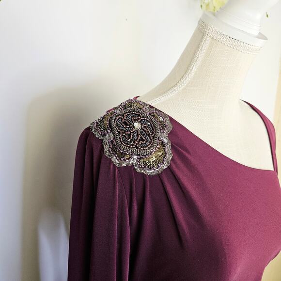 David Meister Size 6 Plum Cocktail Dress Ruched Midi Dress Beaded Elegant Party - Picture 6 of 15